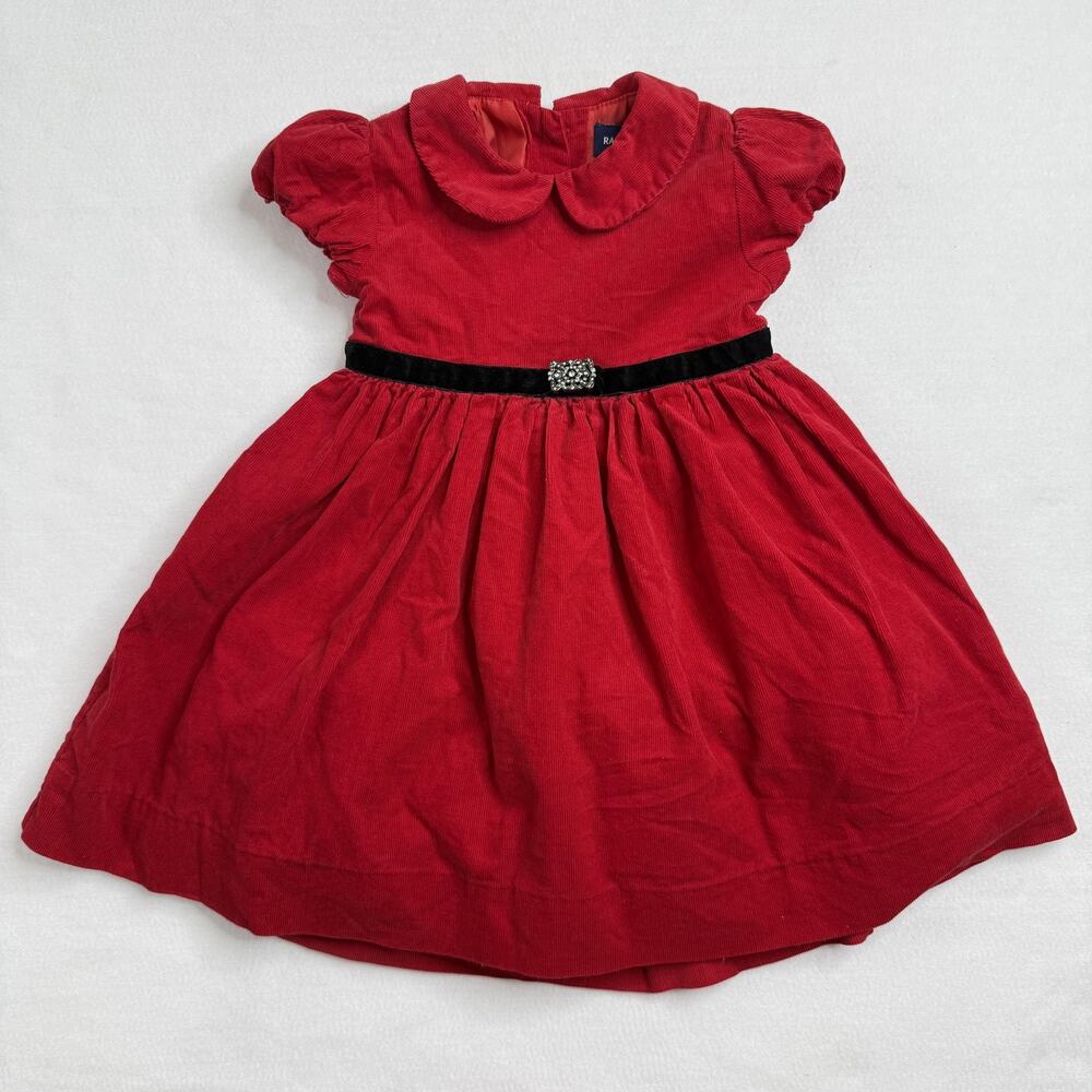 Ralph Lauren Dress Girls 12M Red Corduroy Collared Fit & Flare Velvet Belt Party